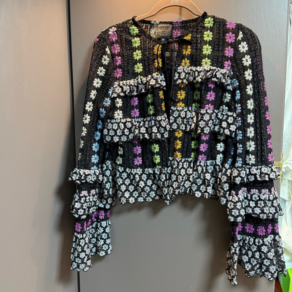 Anna sui Floral Mesh Striped Ruffle top cardigan
